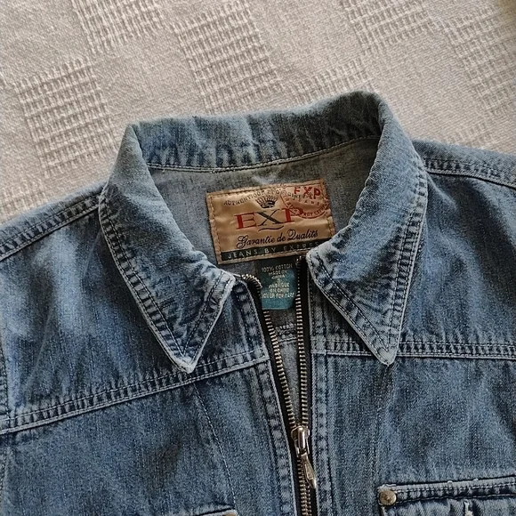 Vintage Express Cropped Waist Casual Long Sleeve Denim Zipper Jean Jacket - Picture 7 of 7